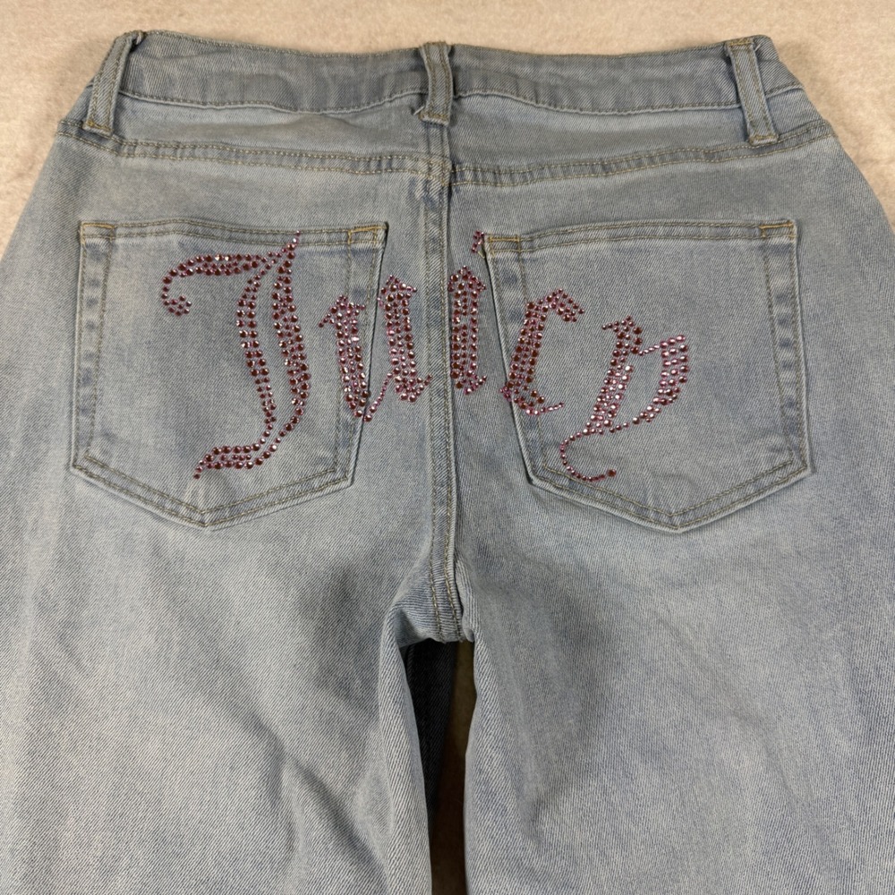 Juicy Couture Womens Wide Leg Jeans Light Wash Pink Rhinestone Logo Size 5/27